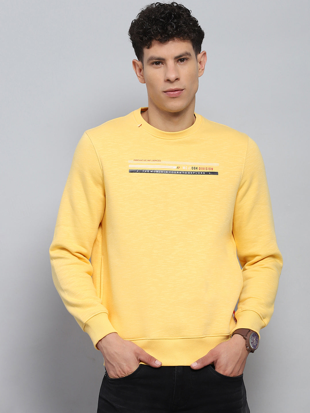 Men Yellow Printed Round Neck Full Sleeve Sweatshirt