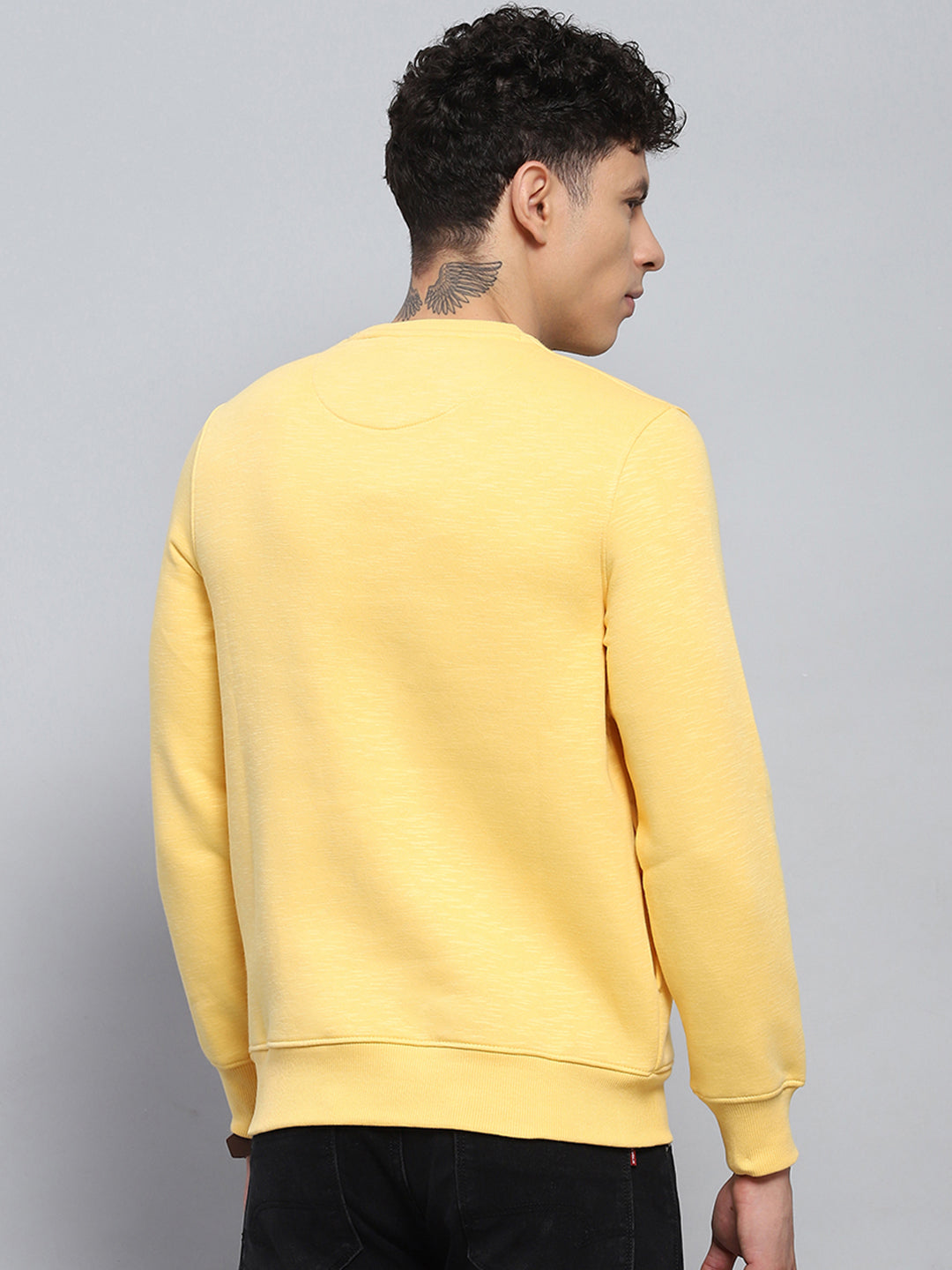 Men Yellow Printed Round Neck Full Sleeve Sweatshirt