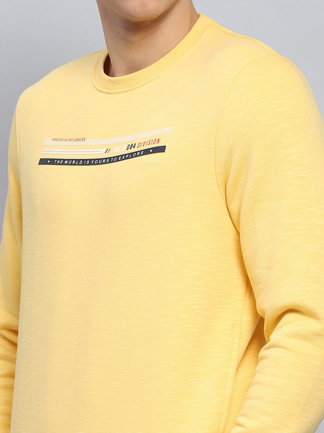 Men Yellow Printed Round Neck Full Sleeve Sweatshirt