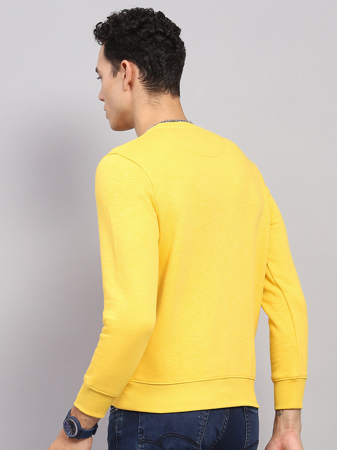 Men Yellow Printed Round Neck Full Sleeve Sweatshirt