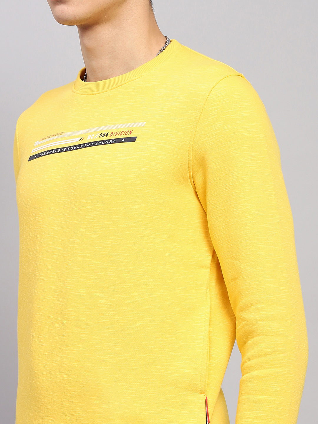 Men Yellow Printed Round Neck Full Sleeve Sweatshirt