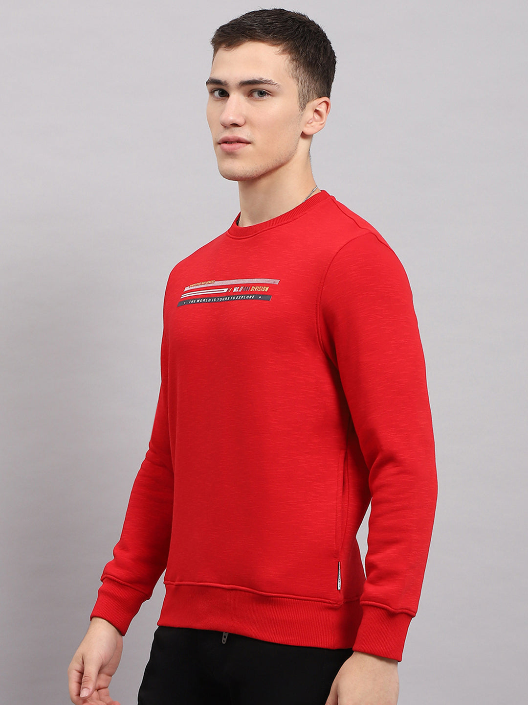 Men Red Printed Round Neck Full Sleeve Sweatshirt