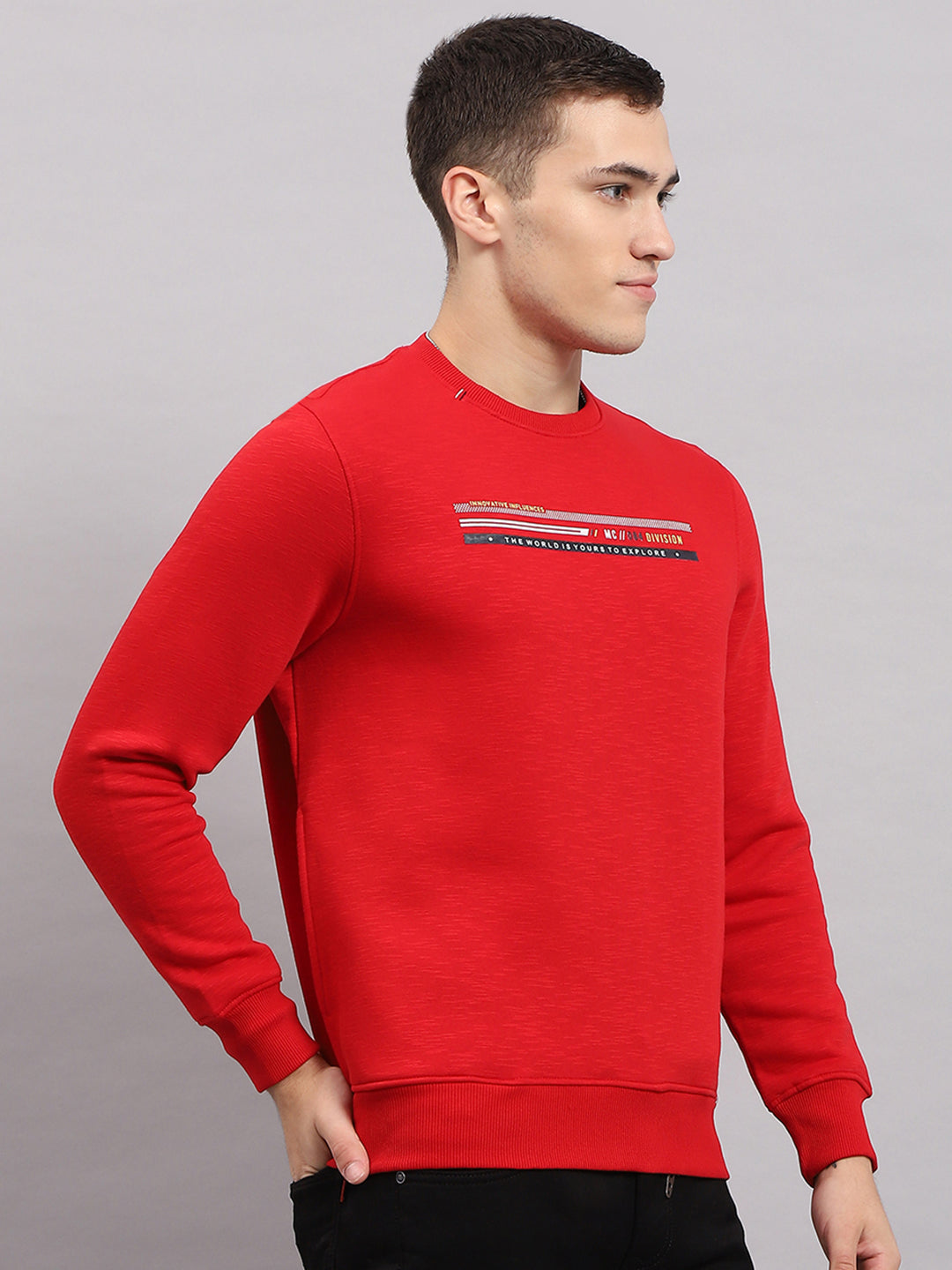 Men Red Printed Round Neck Full Sleeve Sweatshirt