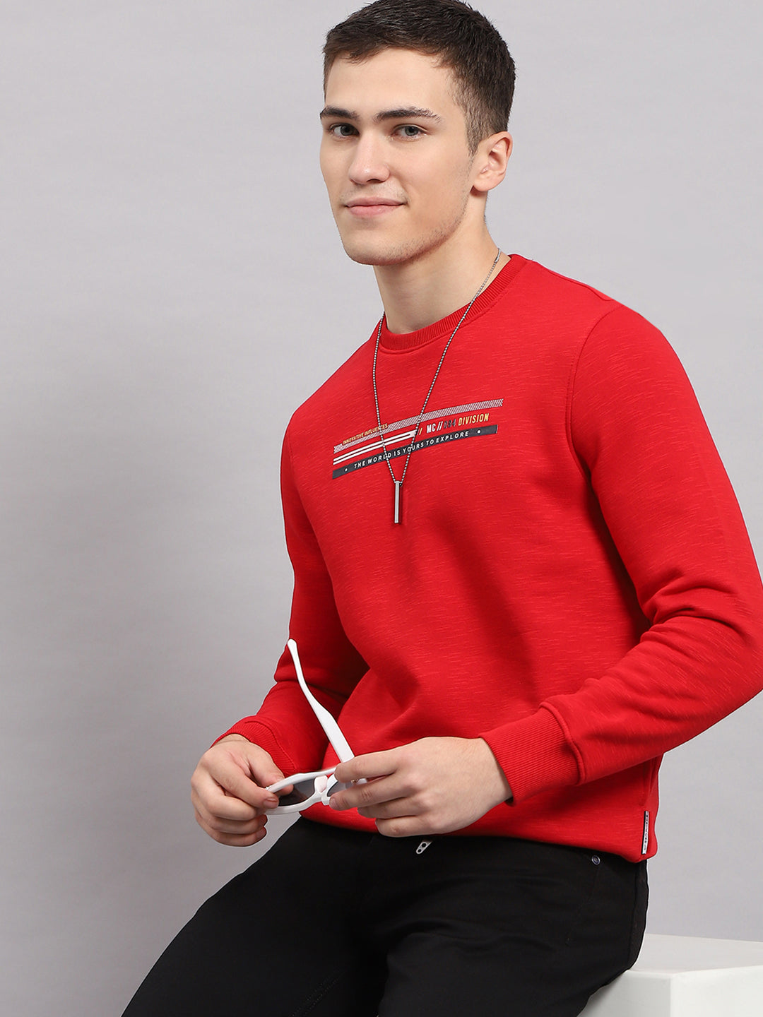 Men Red Printed Round Neck Full Sleeve Sweatshirt