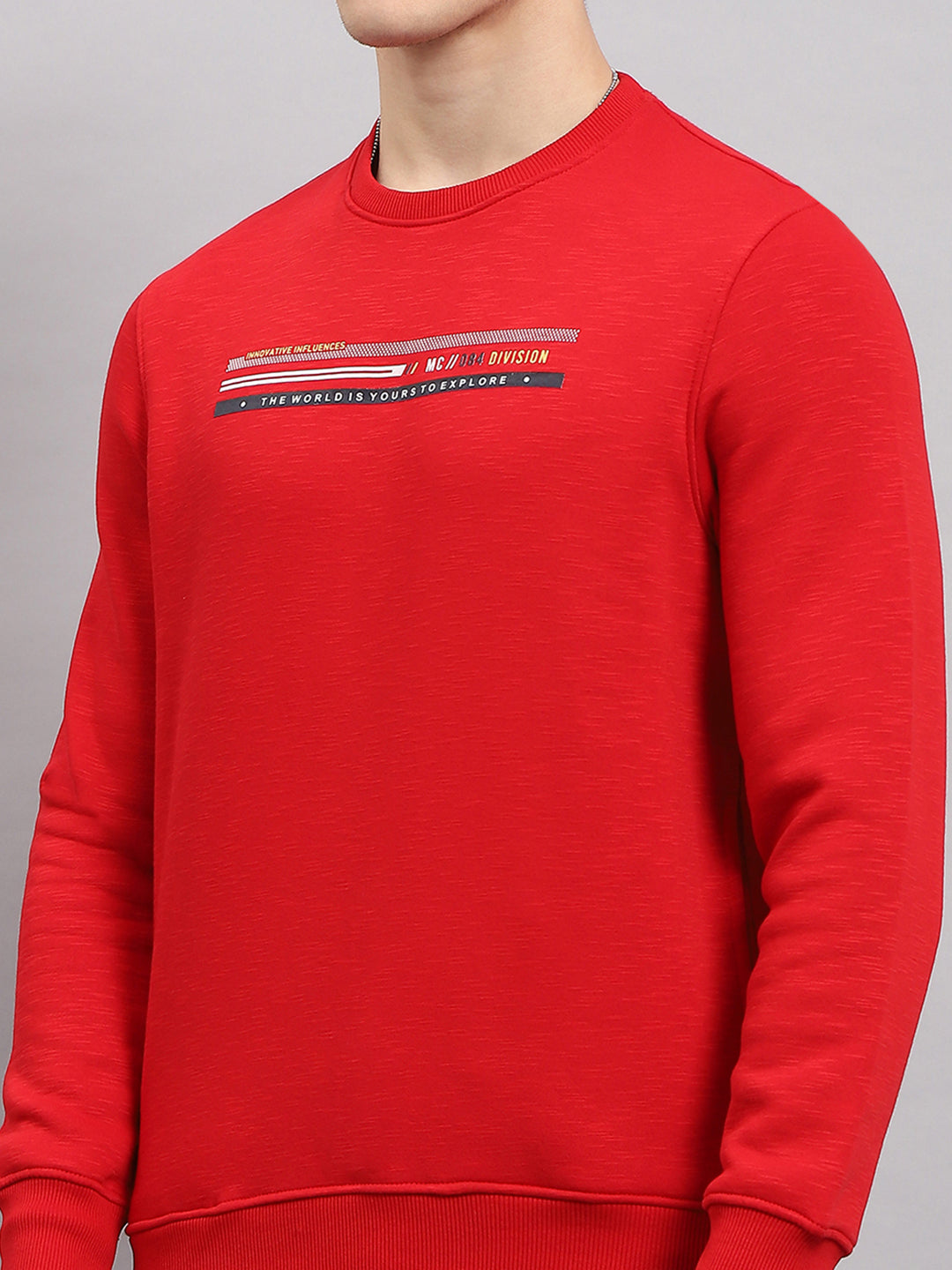 Men Red Printed Round Neck Full Sleeve Sweatshirt