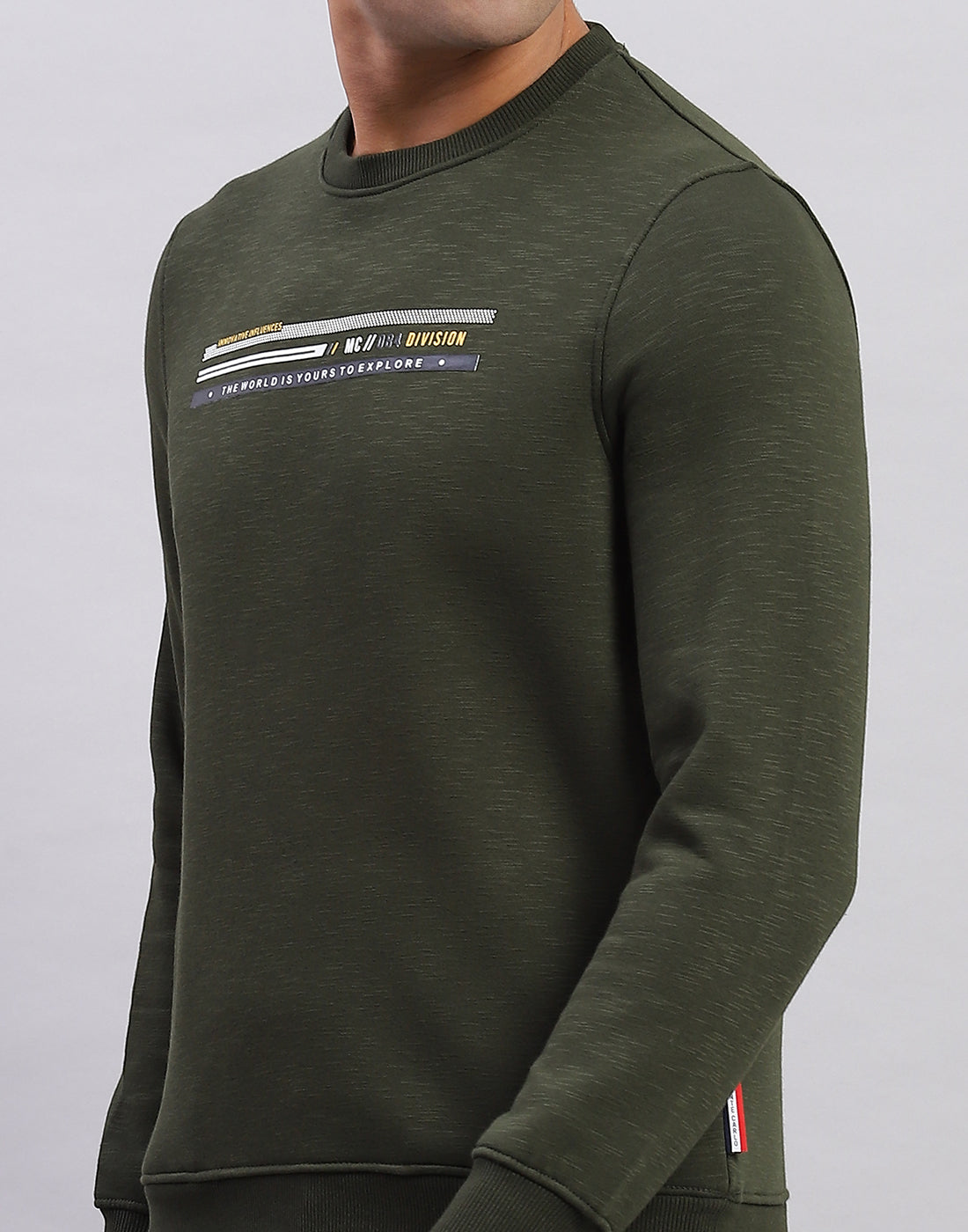 Men Olive Printed Round Neck Full Sleeve Sweatshirt