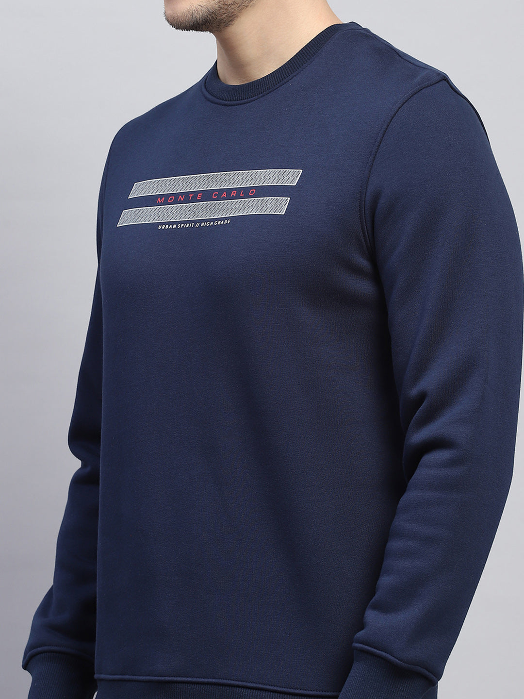 Men Navy Blue Printed Round Neck Full Sleeve Sweatshirt