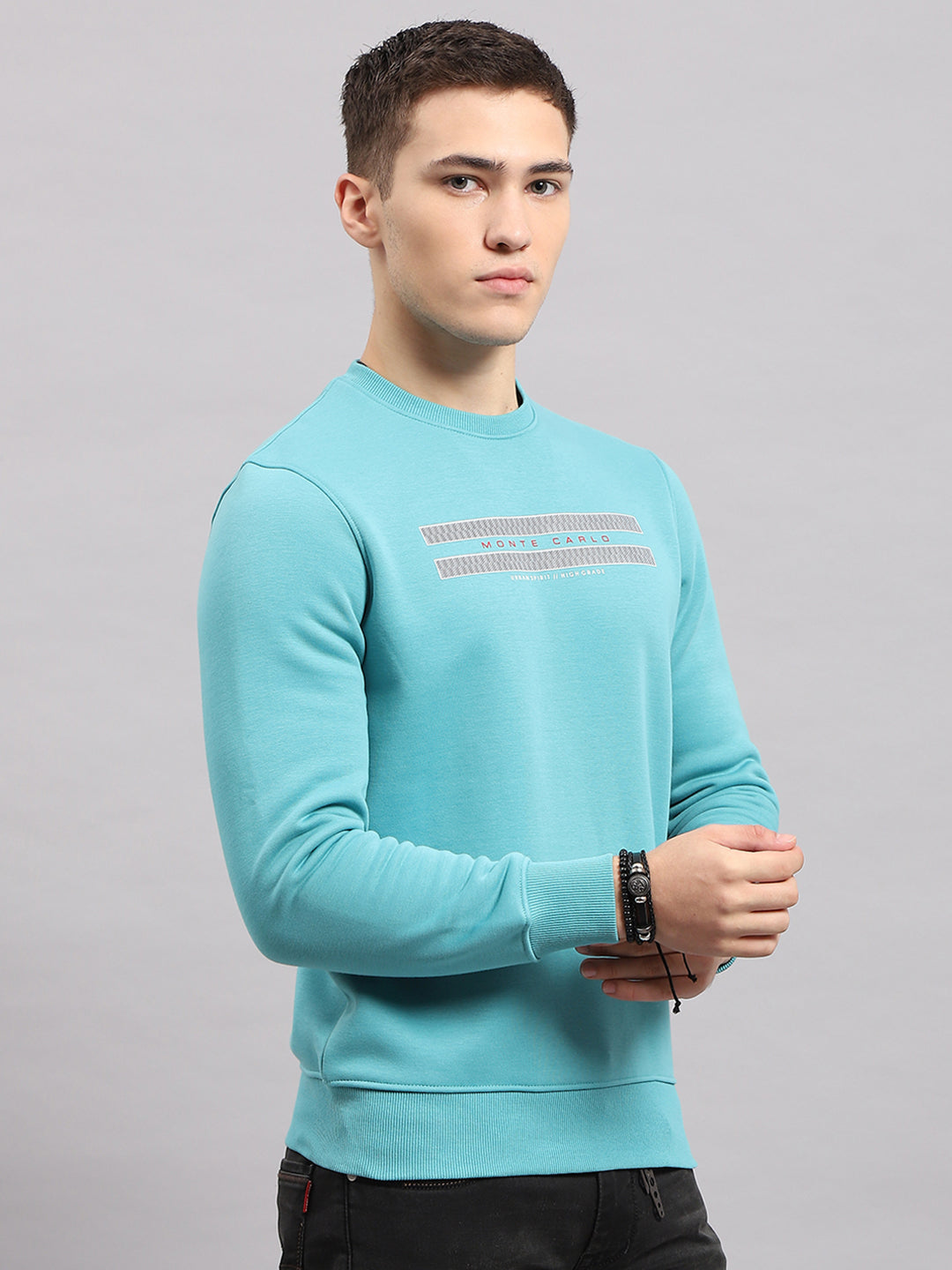 Men Blue Printed Round Neck Full Sleeve Sweatshirt