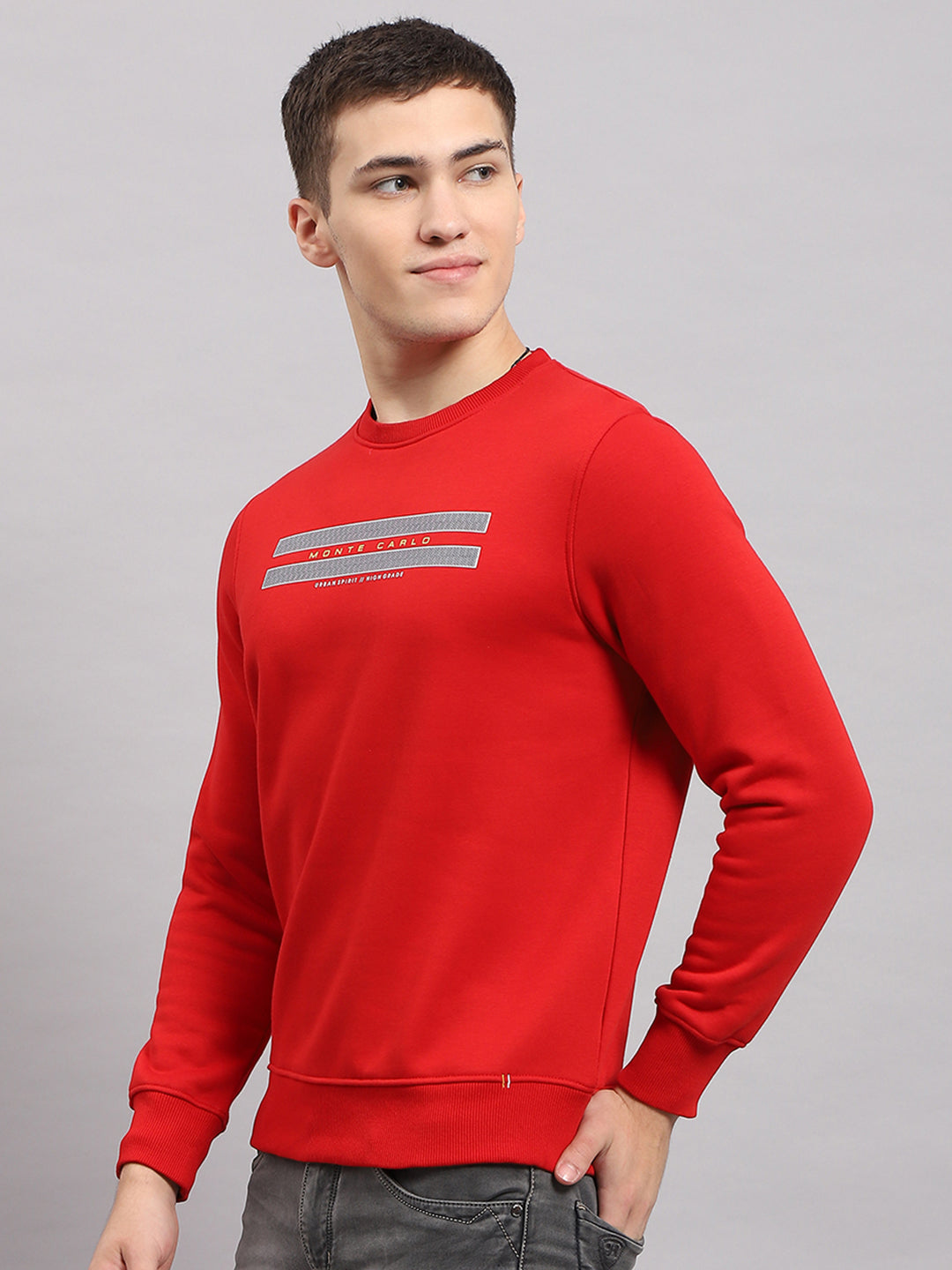 Men Red Printed Round Neck Full Sleeve Sweatshirt