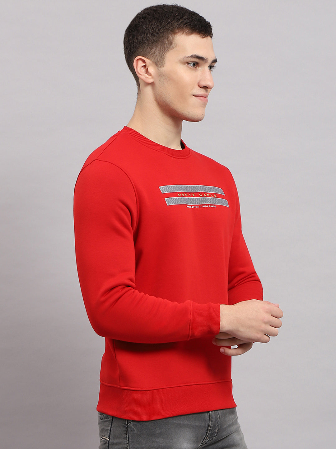 Men Red Printed Round Neck Full Sleeve Sweatshirt