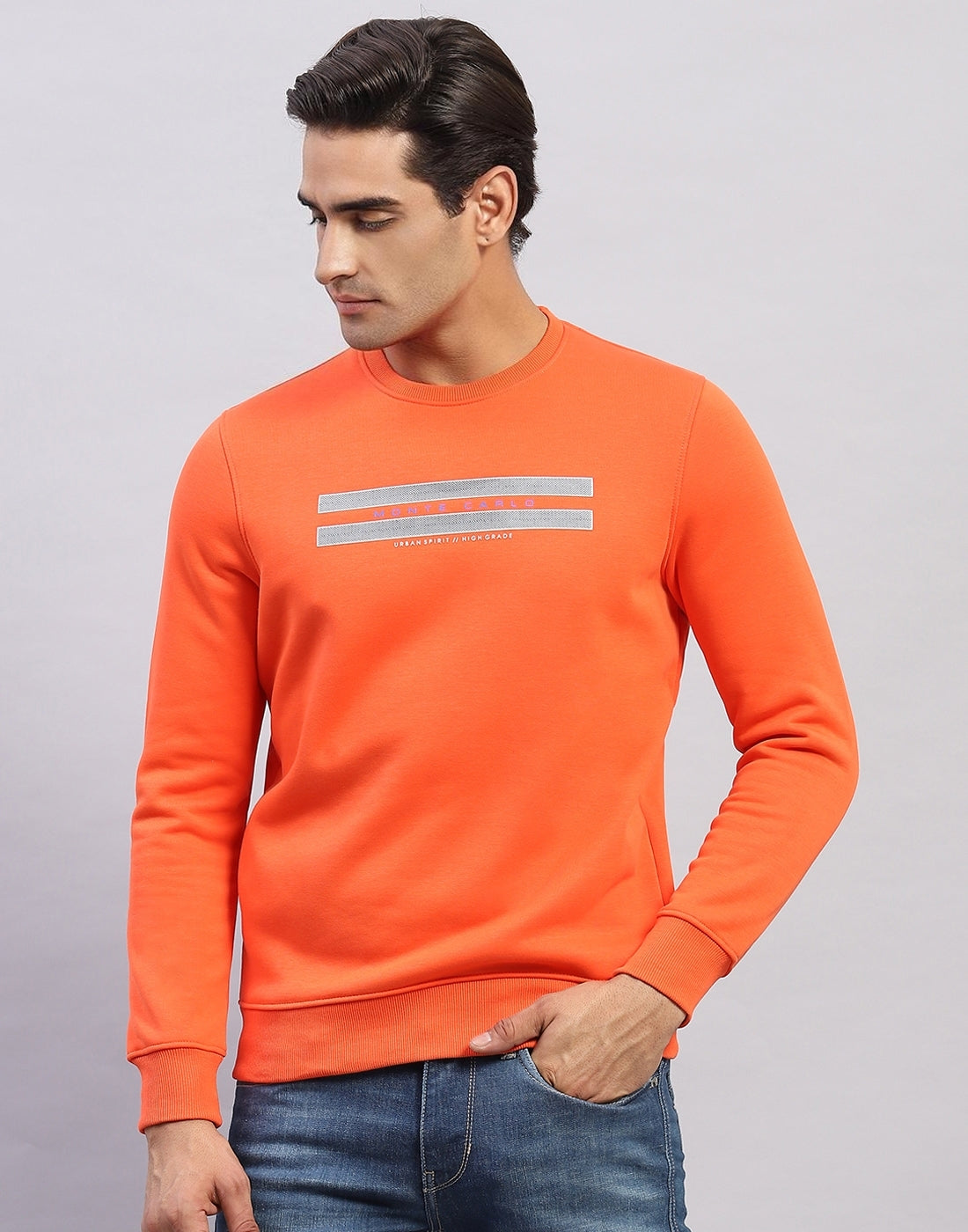 Men Orange Printed Round Neck Full Sleeve Sweatshirt