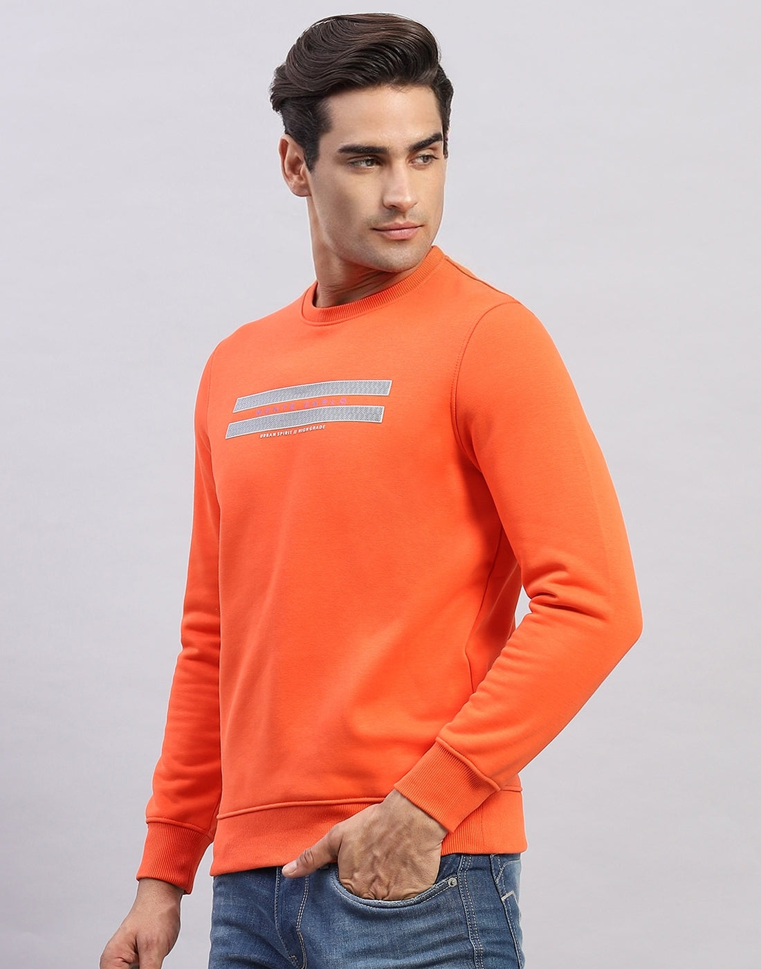 Men Orange Printed Round Neck Full Sleeve Sweatshirt