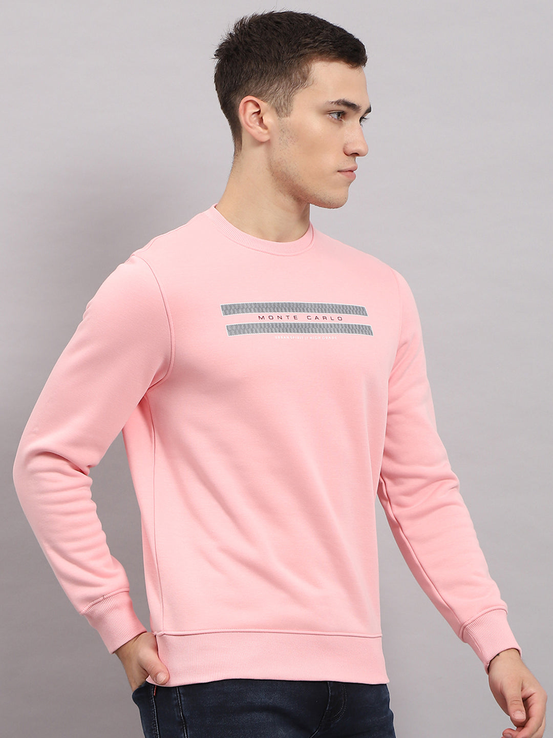 Men Pink Printed Round Neck Full Sleeve Sweatshirt