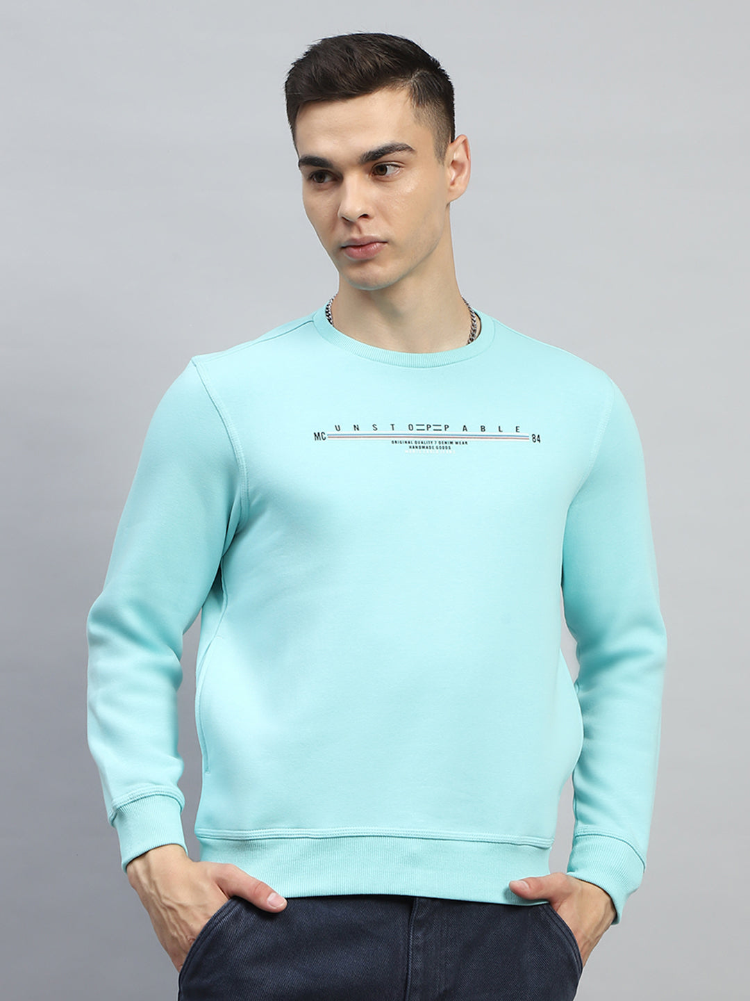 Men Red & Sky Blue Printed Round Neck Full Sleeve Sweatshirt