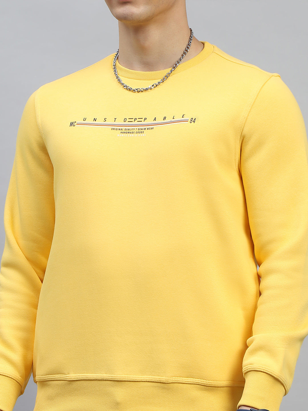 Men Turquoise Blue & Yellow Printed Round Neck Full Sleeve Sweatshirt