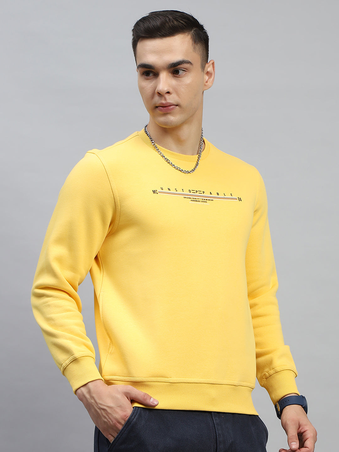 Men Turquoise Blue & Yellow Printed Round Neck Full Sleeve Sweatshirt