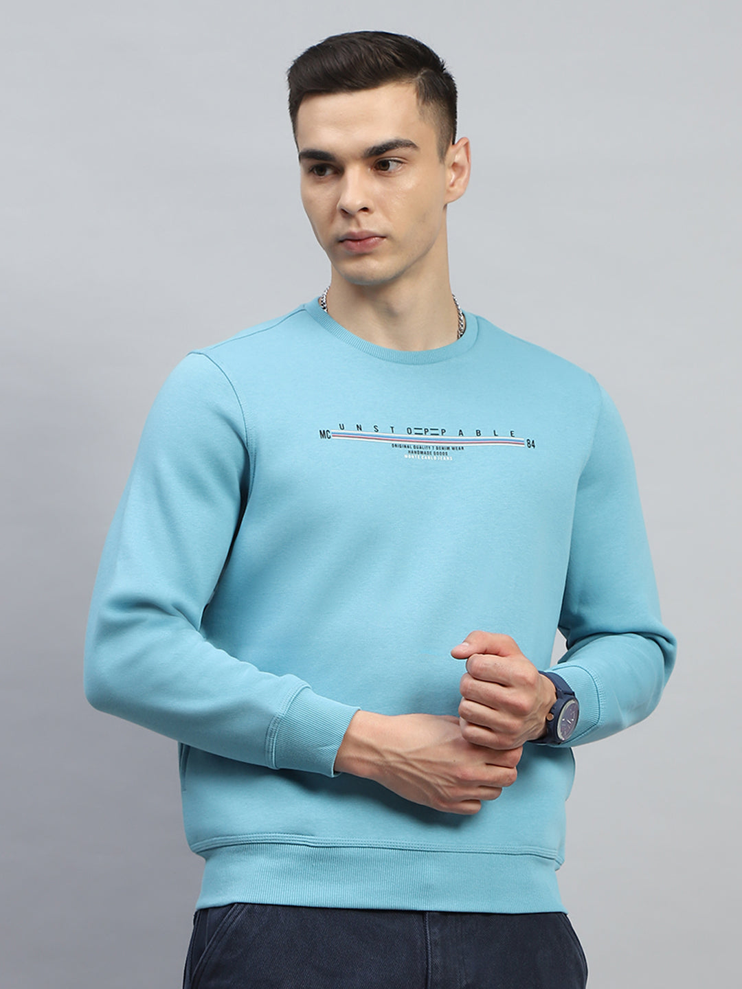 Men Turquoise Blue & Yellow Printed Round Neck Full Sleeve Sweatshirt