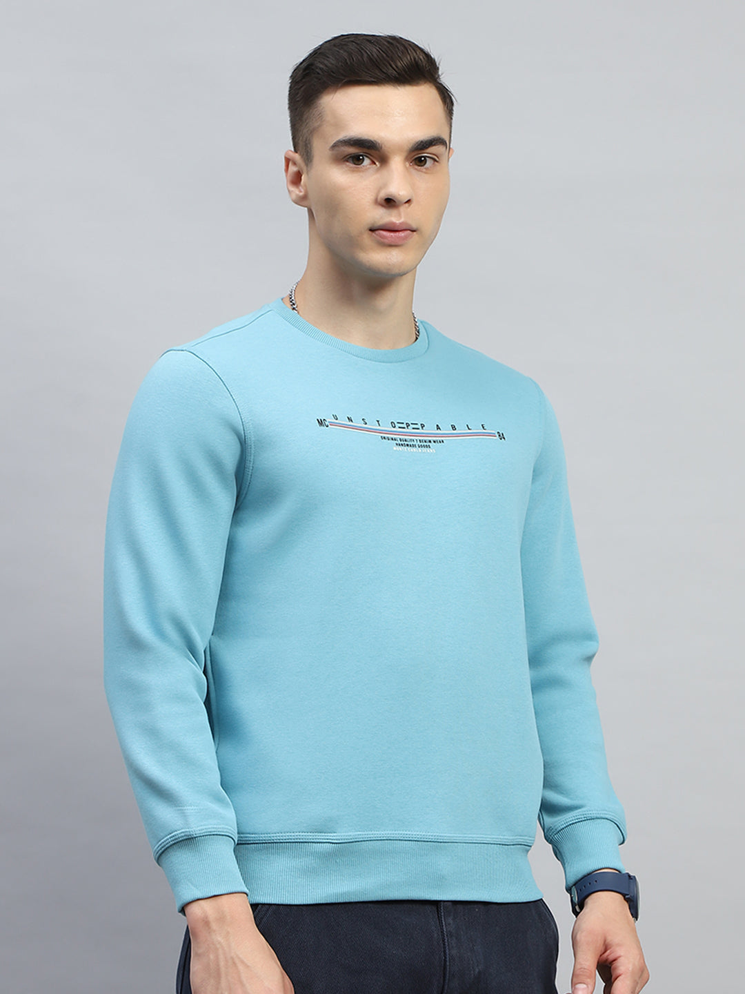 Men Turquoise Blue & Yellow Printed Round Neck Full Sleeve Sweatshirt