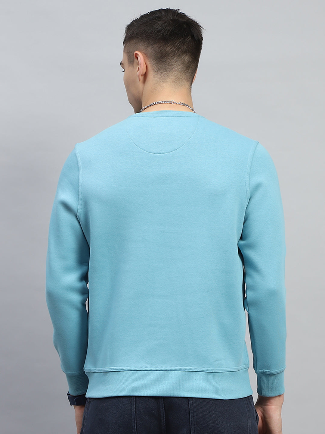 Men Turquoise Blue & Yellow Printed Round Neck Full Sleeve Sweatshirt