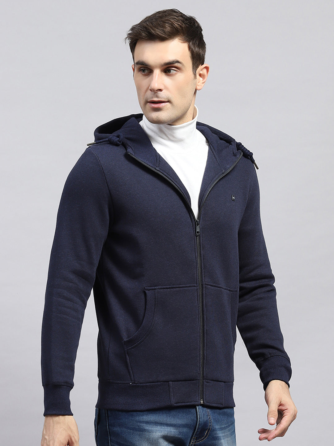 Men Navy Blue Solid Hooded Full Sleeve Sweatshirt