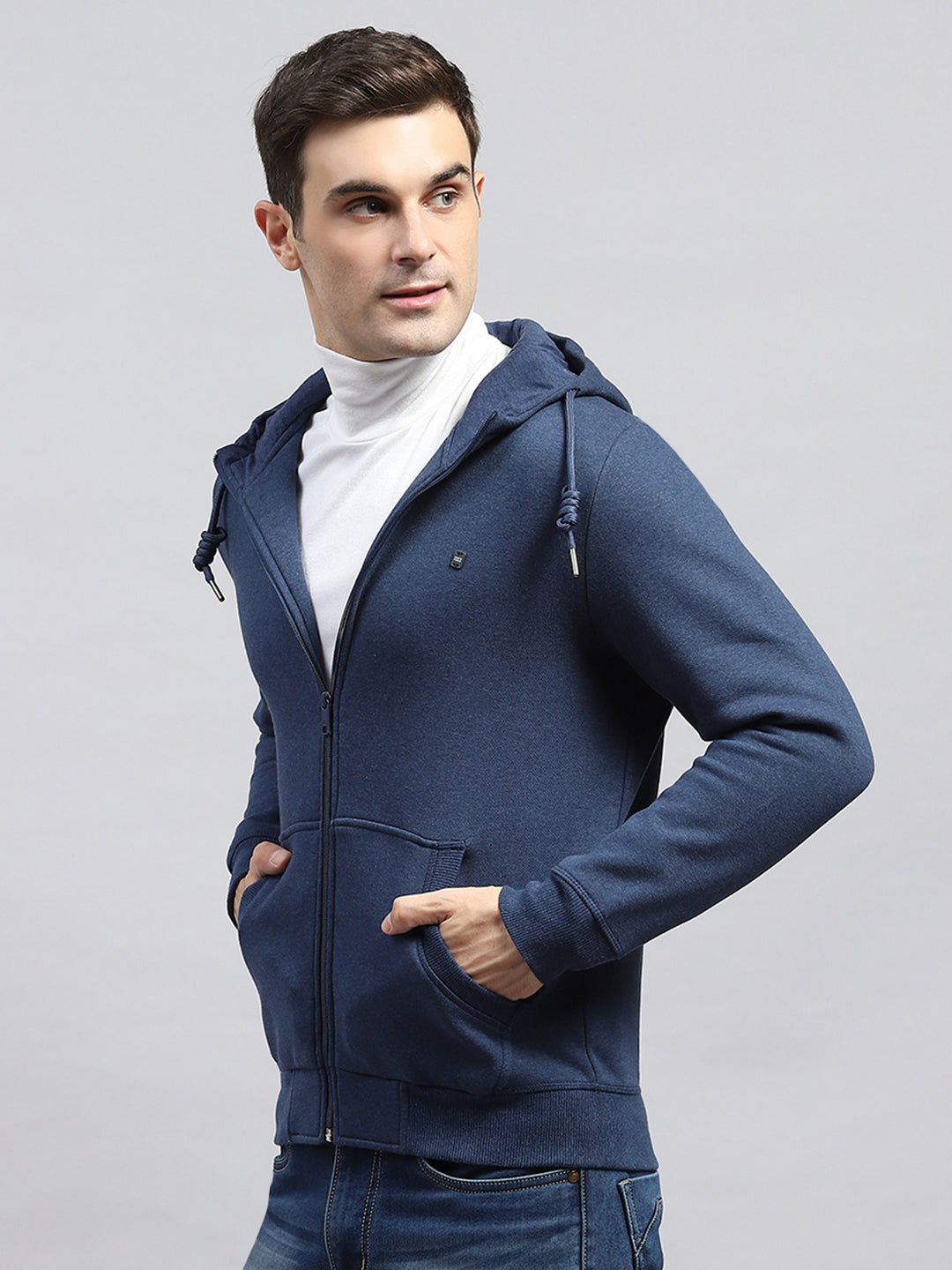 Men Blue Solid Hooded Full Sleeve Sweatshirt