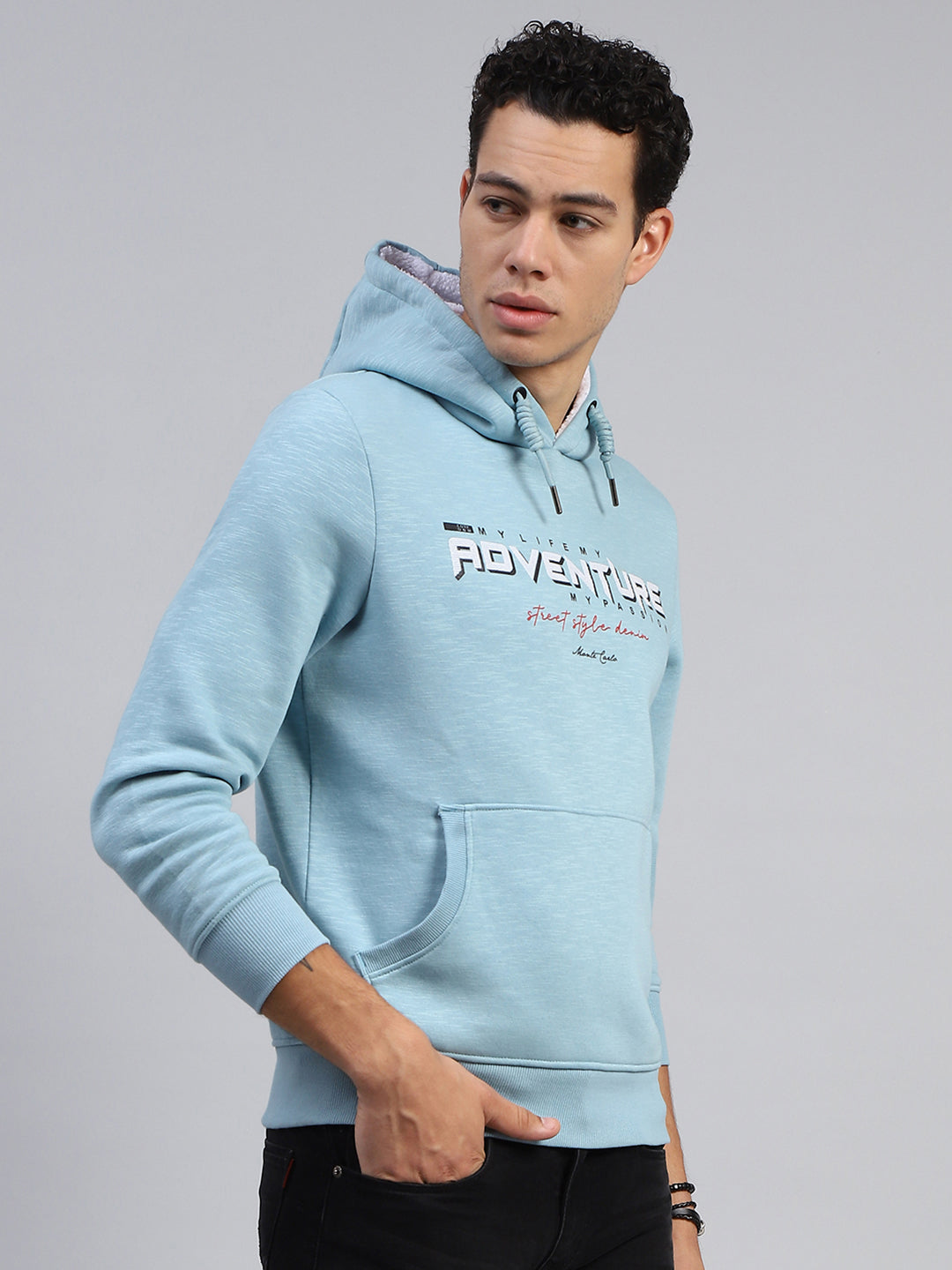 Men Blue Printed Hooded Full Sleeve Sweatshirt