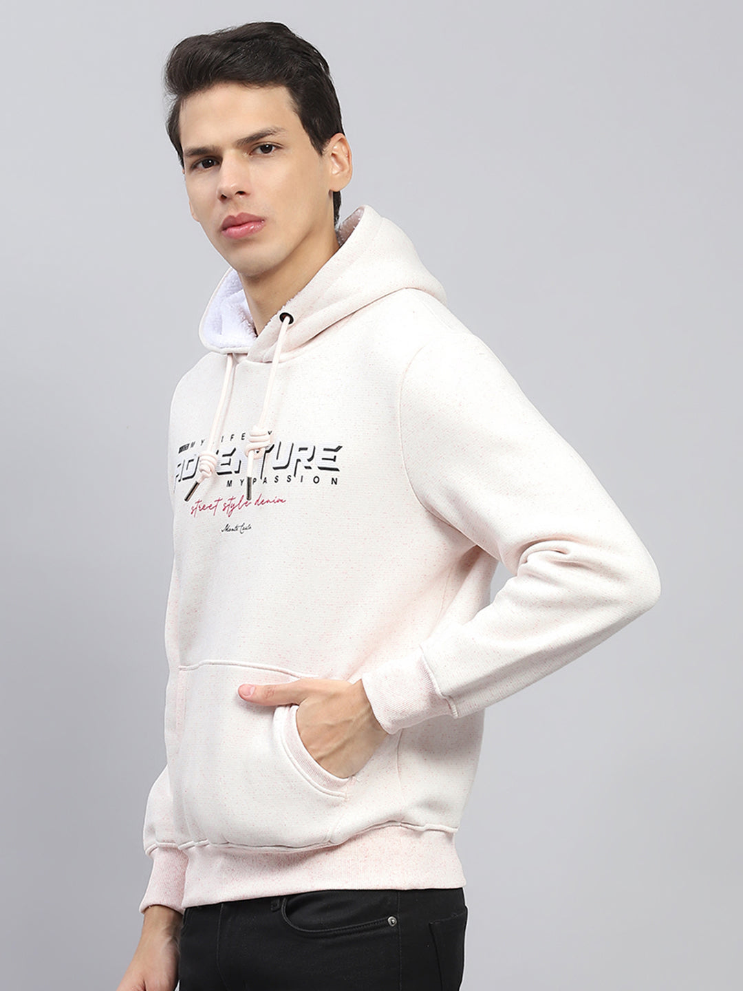 Men Pink Printed Hooded Full Sleeve Sweatshirt