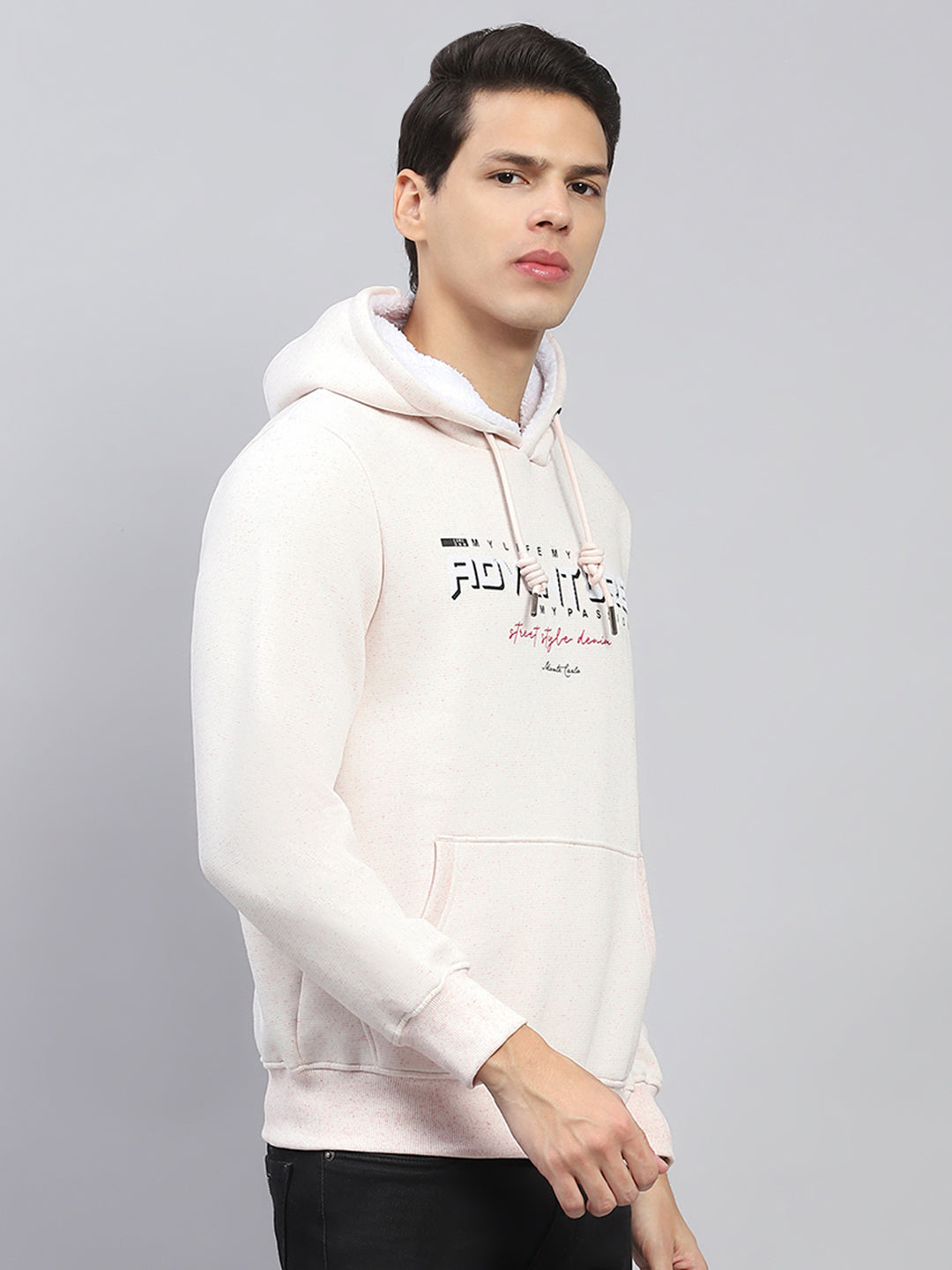 Men Pink Printed Hooded Full Sleeve Sweatshirt