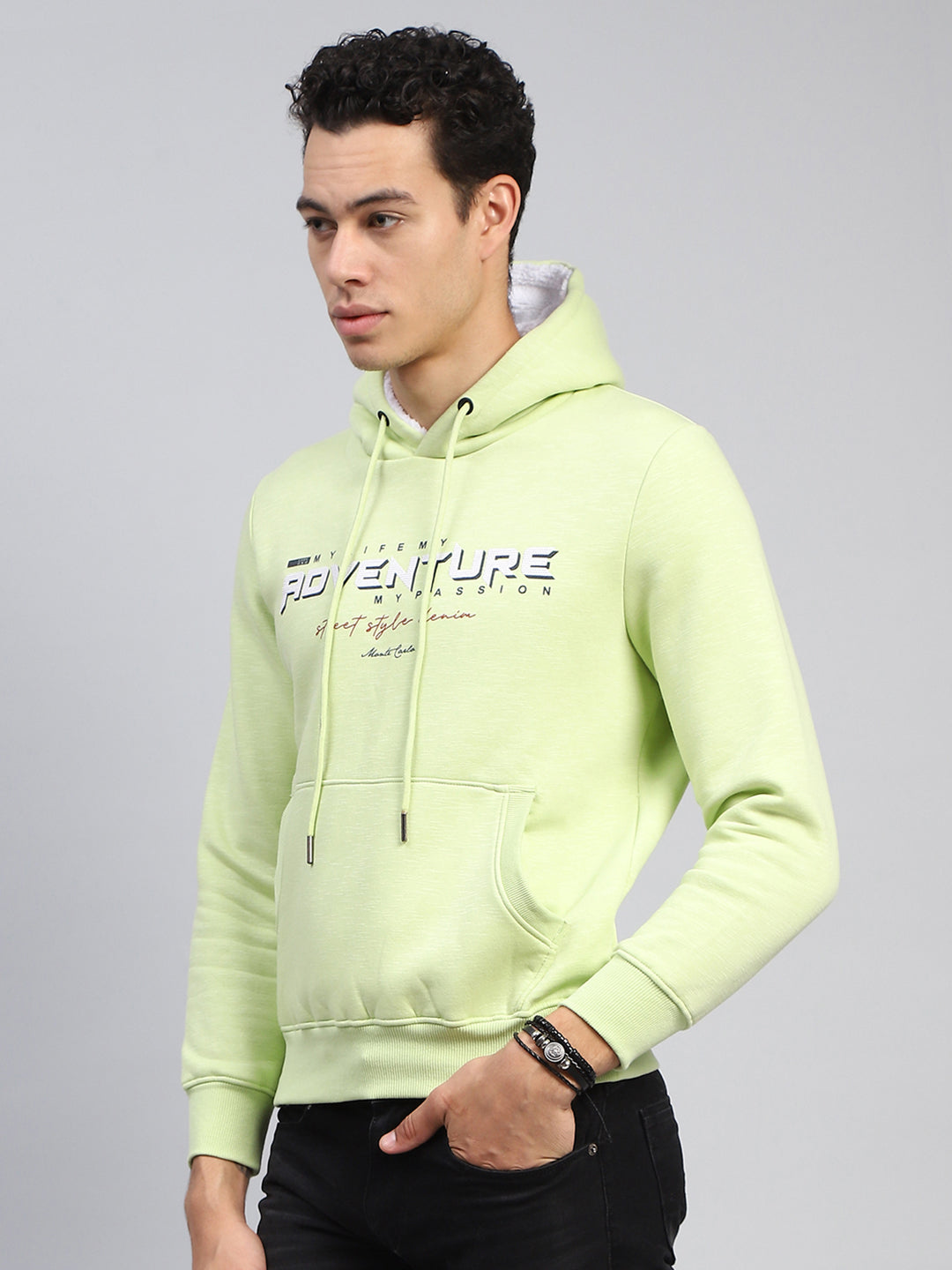 Men Green Printed Hooded Full Sleeve Sweatshirt