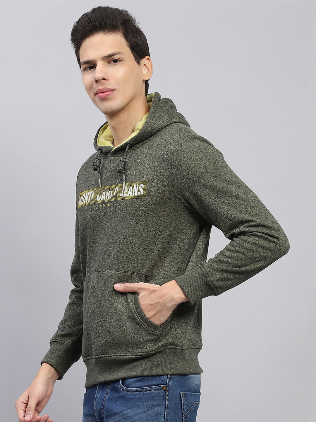 Men Green Printed Hooded Full Sleeve Sweatshirt