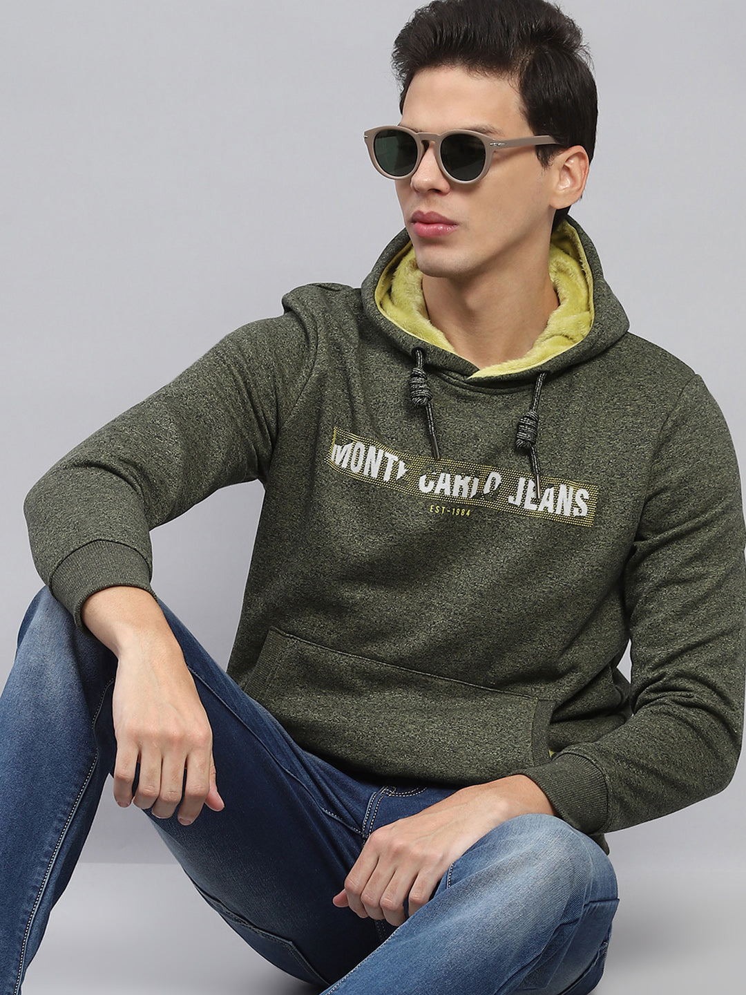 Men Green Printed Hooded Full Sleeve Sweatshirt