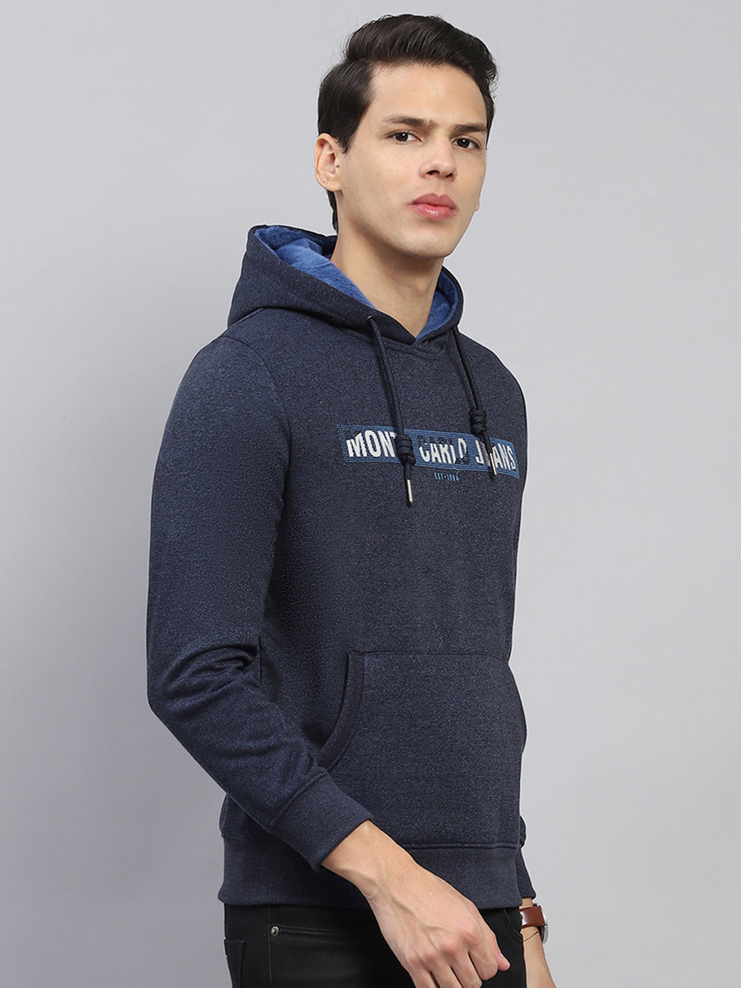 Men Navy Blue Printed Hooded Full Sleeve Sweatshirt