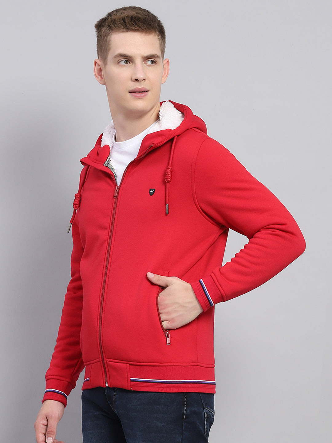 Men Red Solid Hooded Full Sleeve Sweatshirt