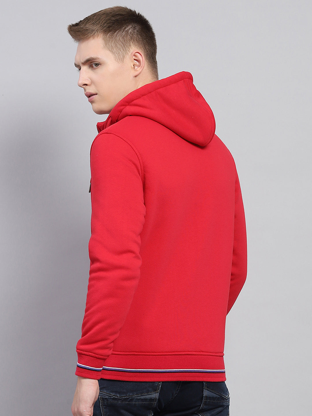 Men Red Solid Hooded Full Sleeve Sweatshirt