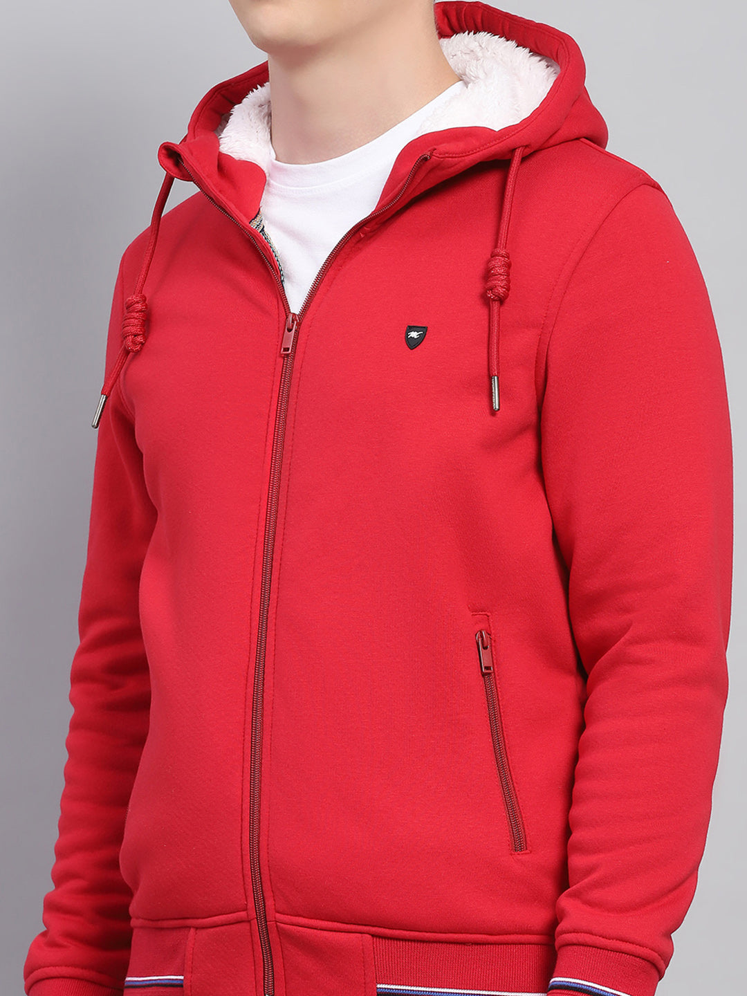 Men Red Solid Hooded Full Sleeve Sweatshirt