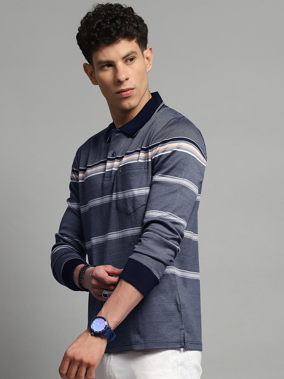 Men Navy Blue Stripe Collar Full Sleeve Winter T-Shirt