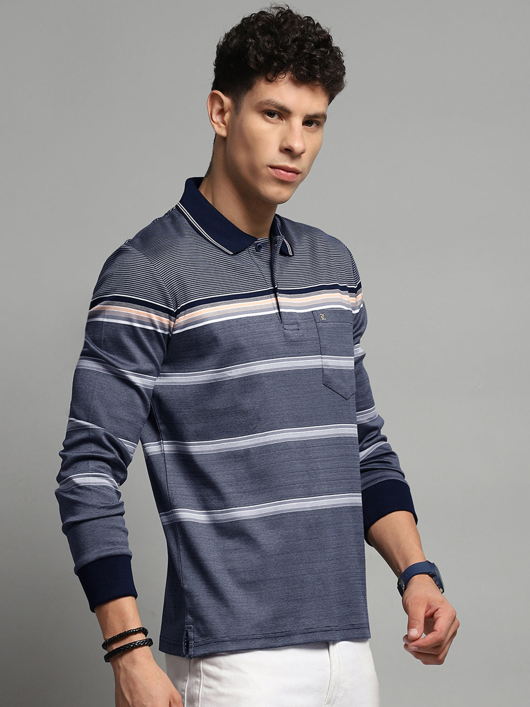 Men Navy Blue Stripe Collar Full Sleeve Winter T-Shirt