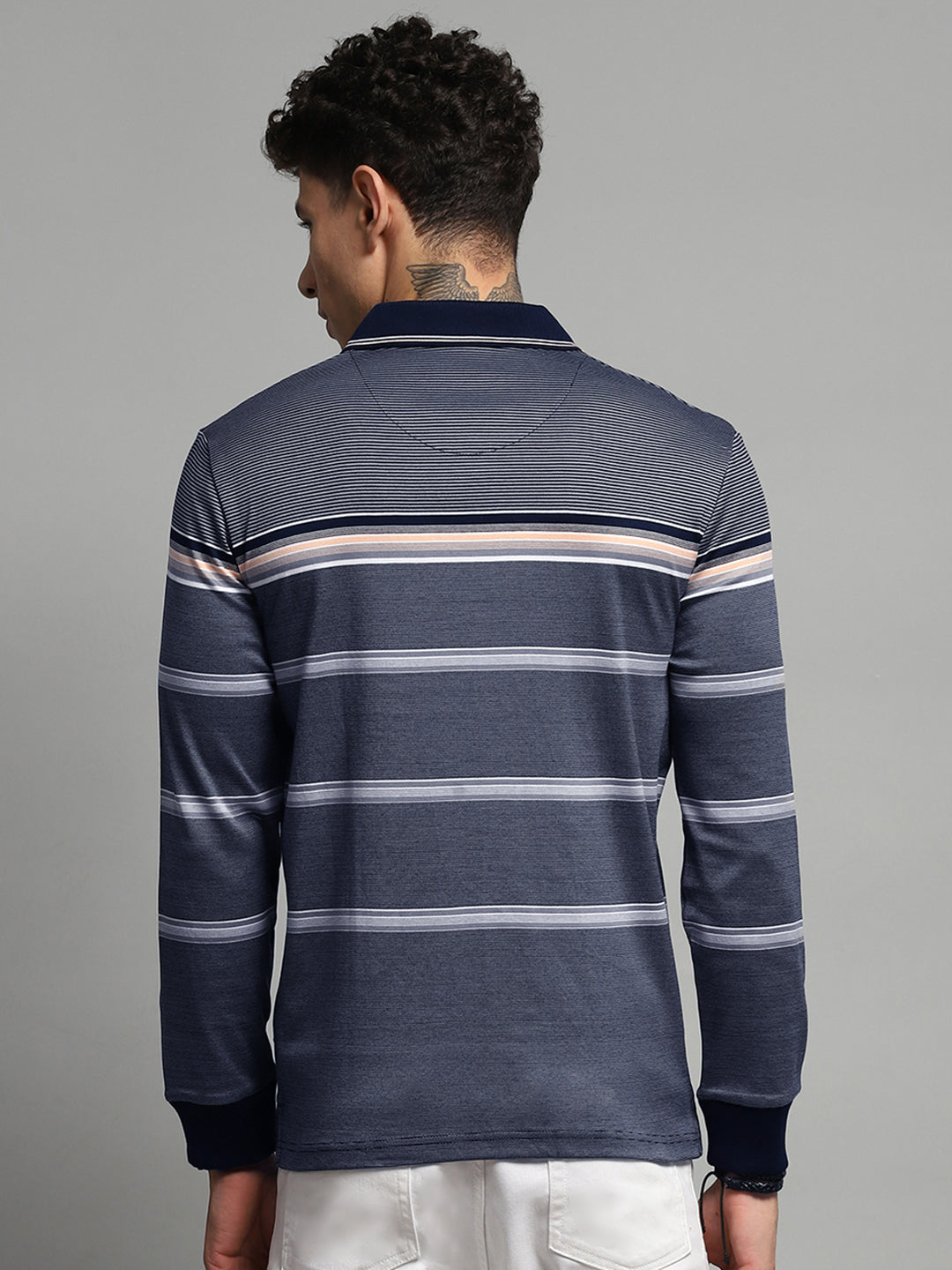 Men Navy Blue Stripe Collar Full Sleeve Winter T-Shirt