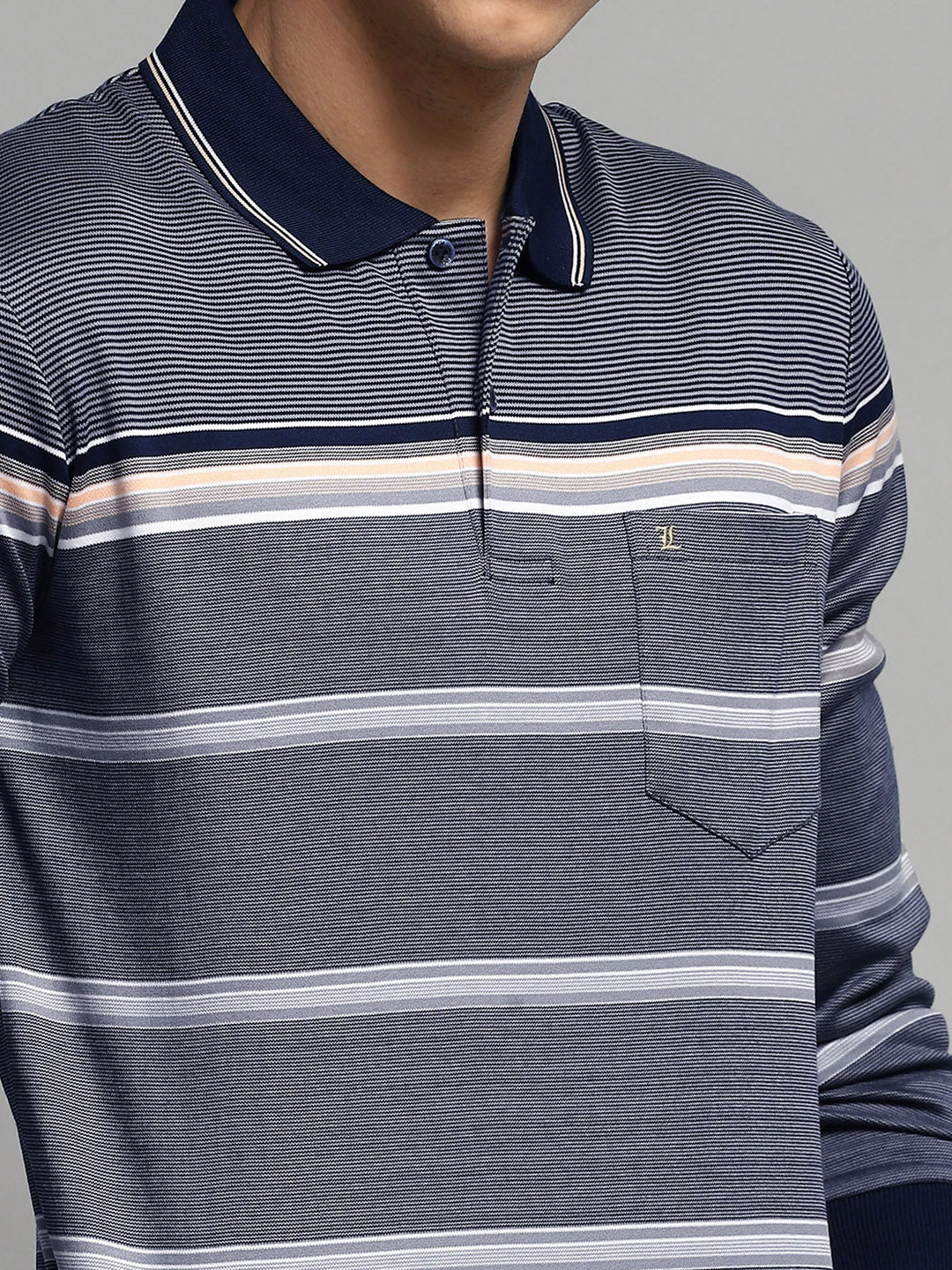 Men Navy Blue Stripe Collar Full Sleeve Winter T-Shirt