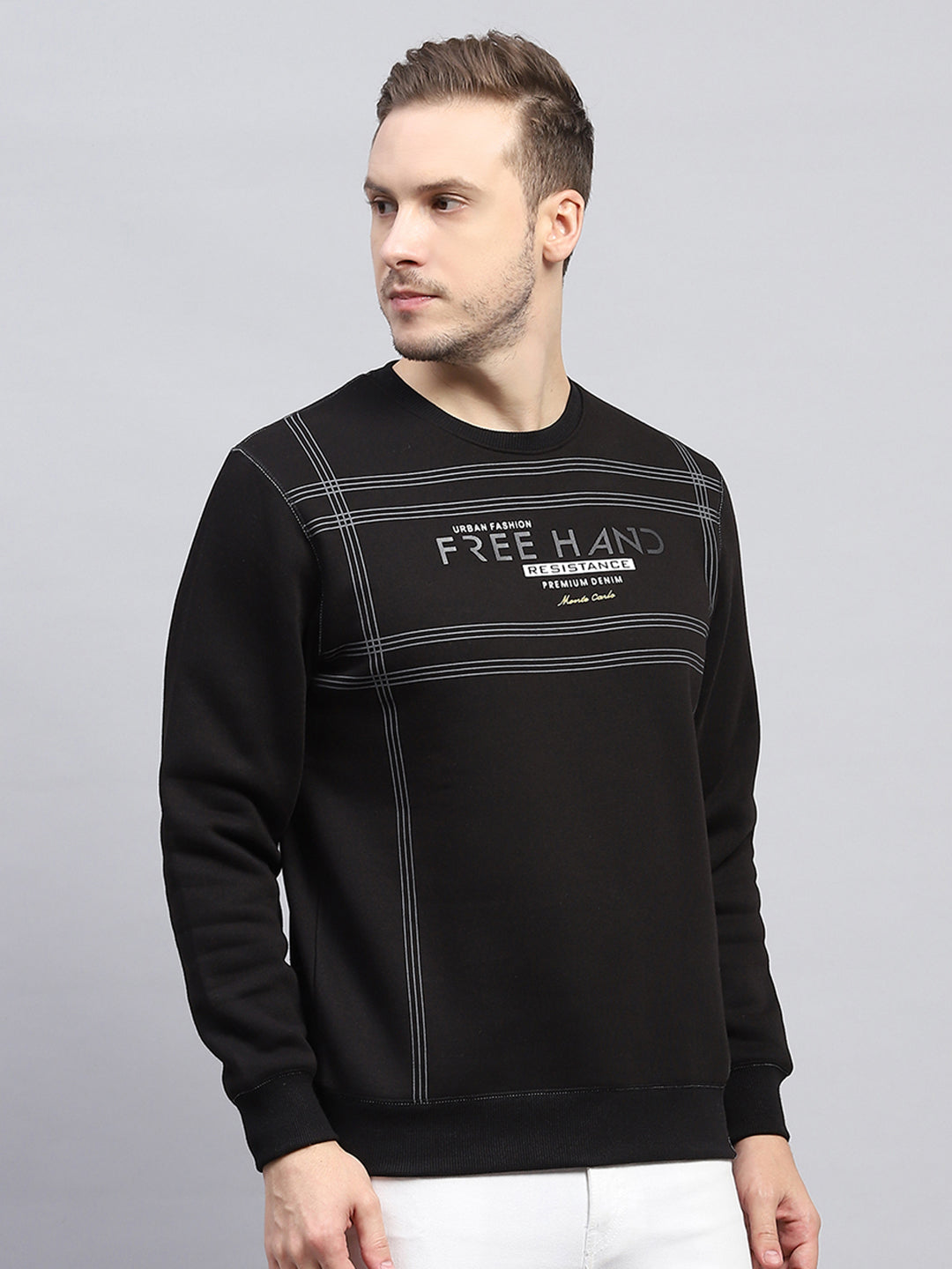 Men Black Printed Round Neck Full Sleeve Sweatshirt