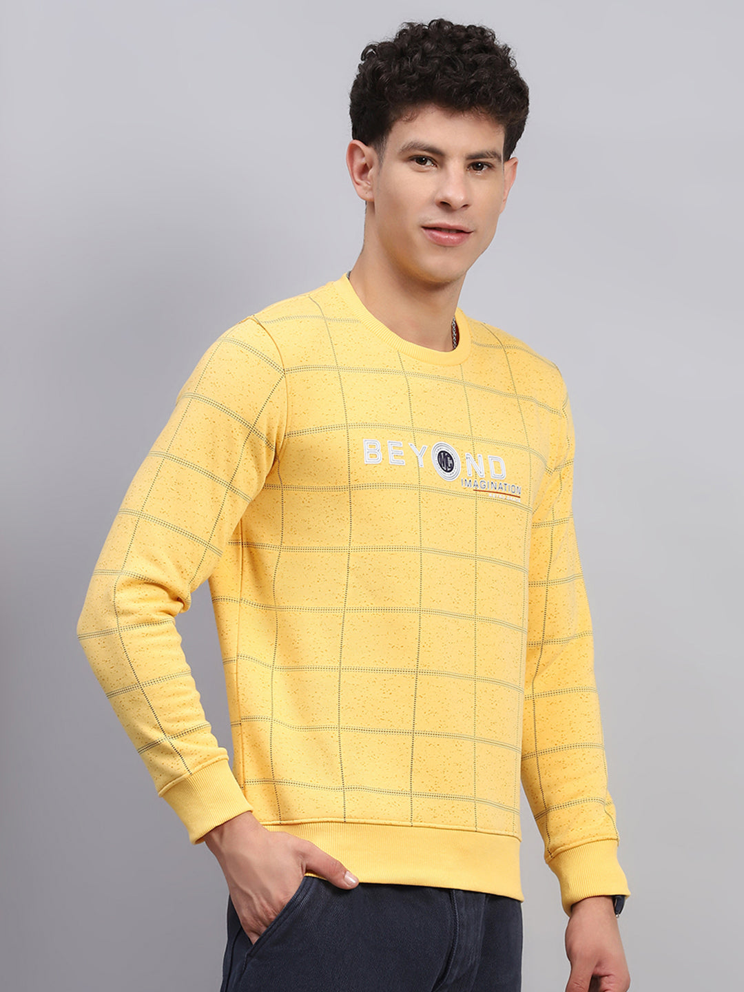 Men Yellow Printed Round Neck Full Sleeve Sweatshirt