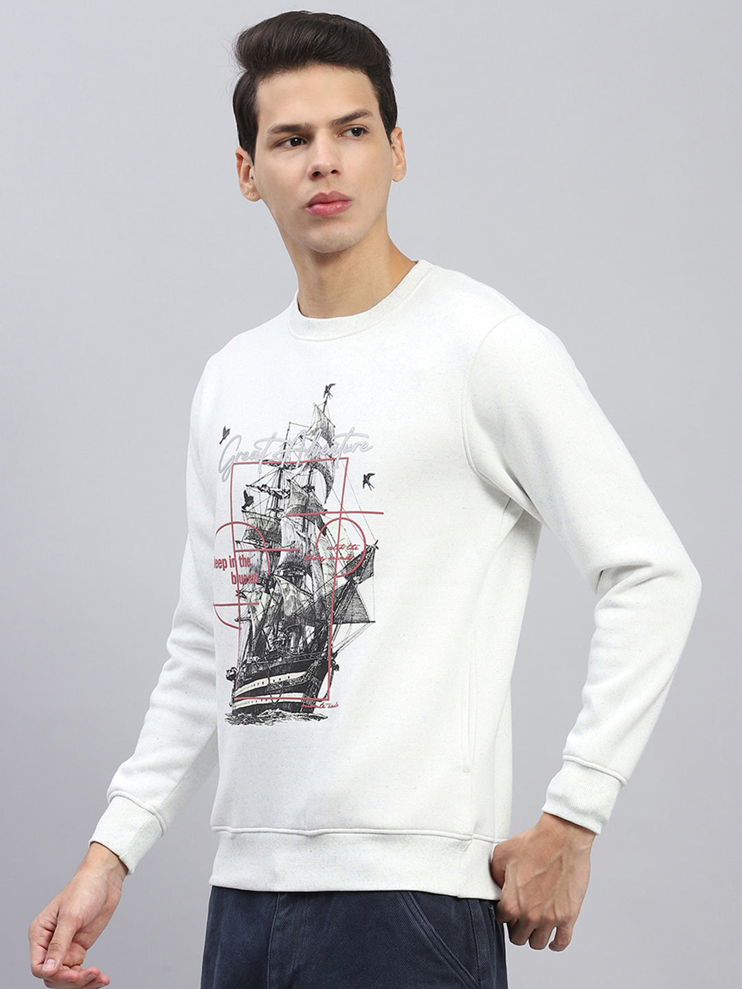 Men White Printed Round Neck Full Sleeve Sweatshirt