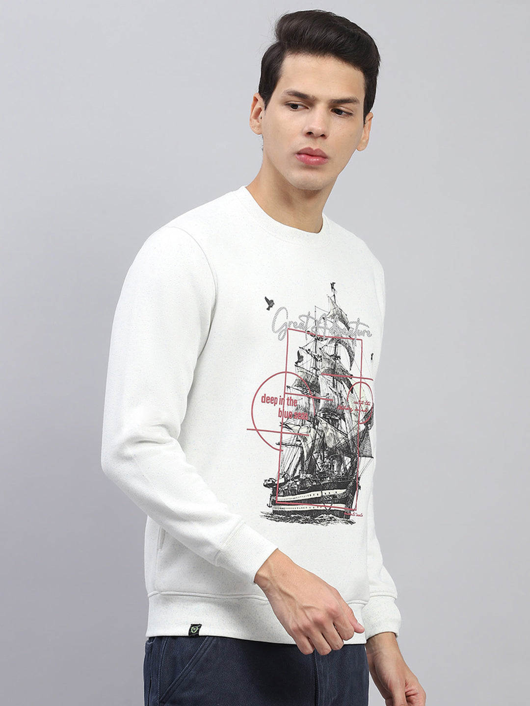 Men White Printed Round Neck Full Sleeve Sweatshirt