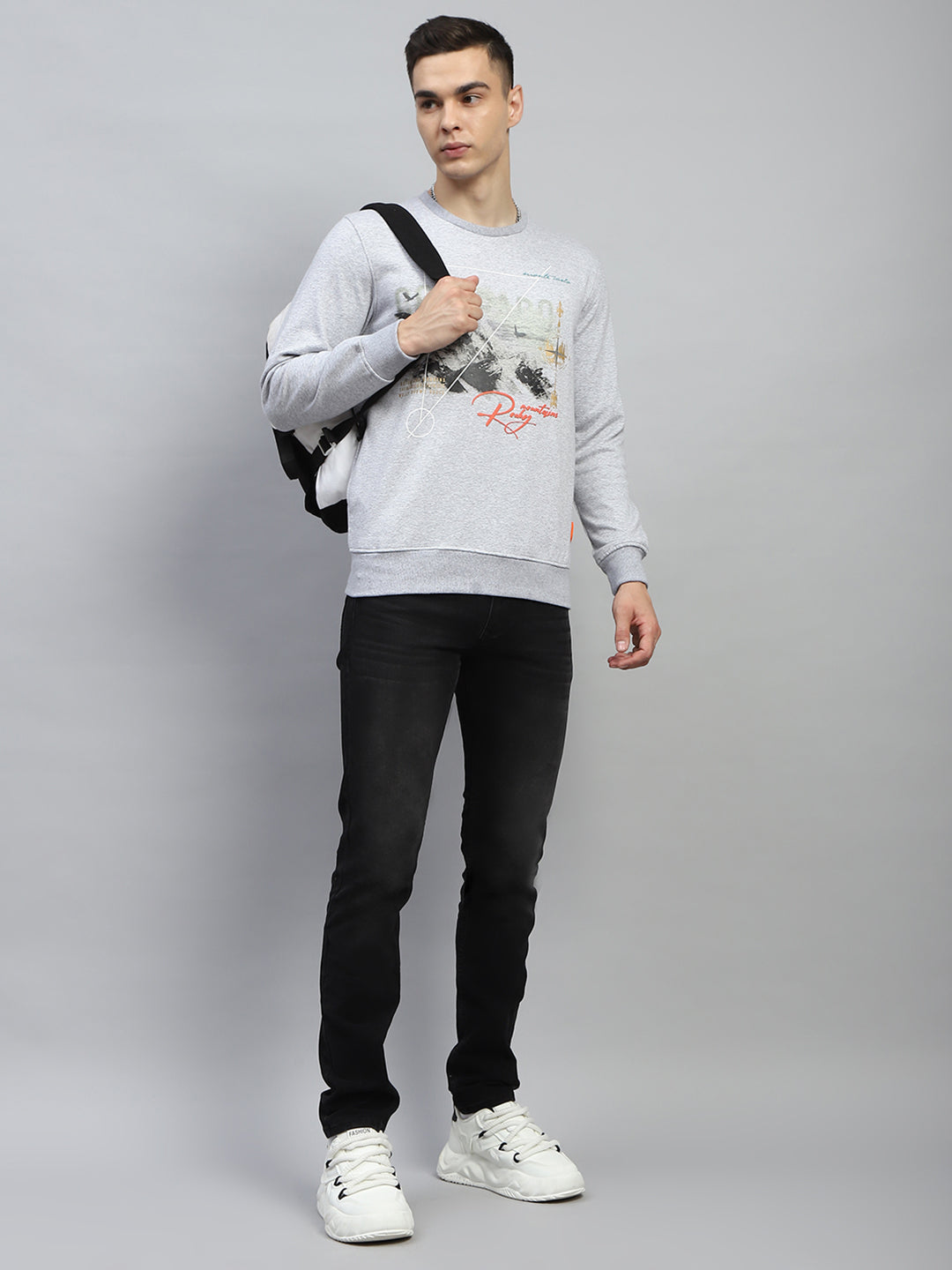 Men Grey Printed Round Neck Full Sleeve Sweatshirt