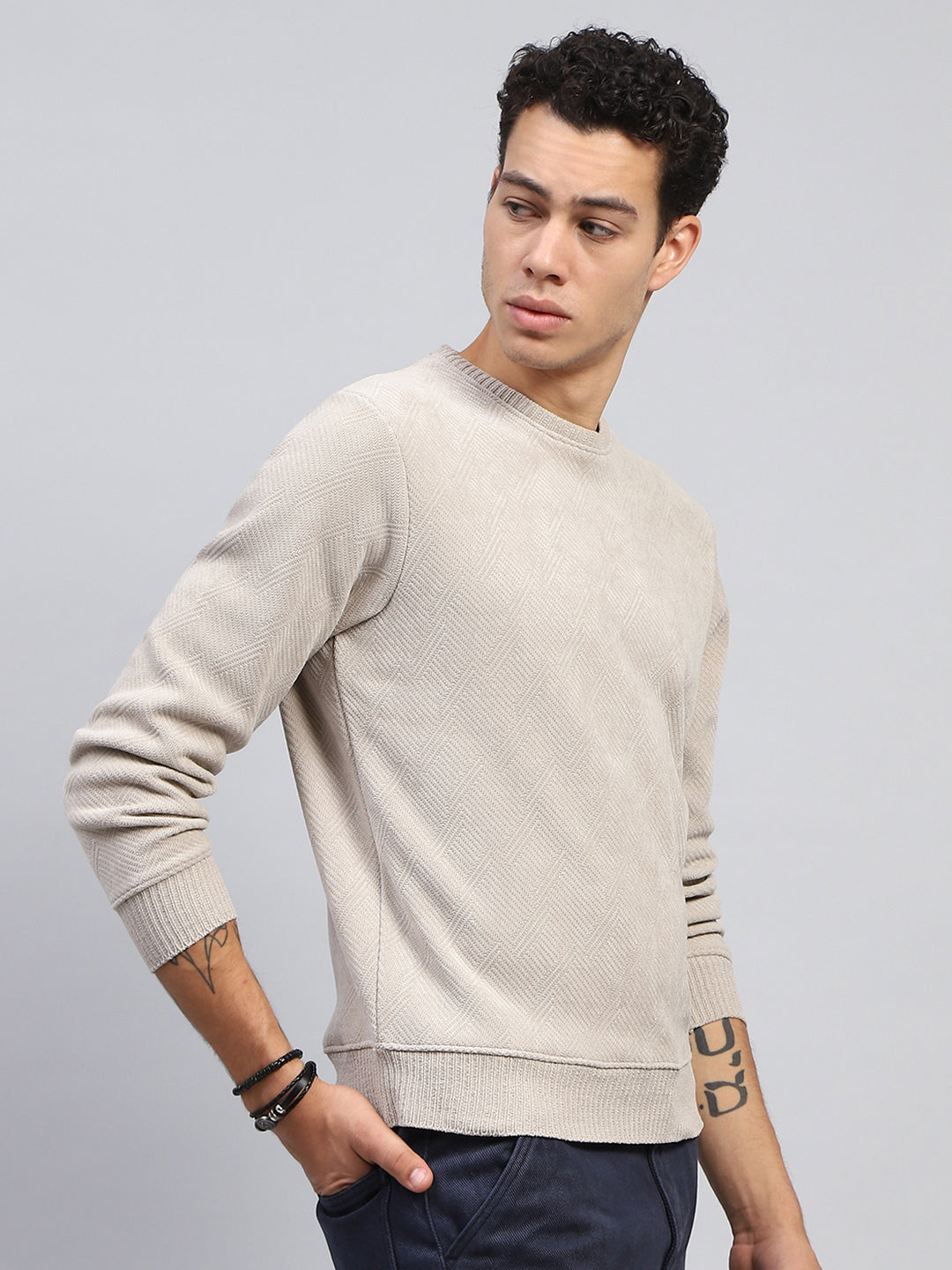 Men Beige Self Design Round Neck Full Sleeve Sweatshirt