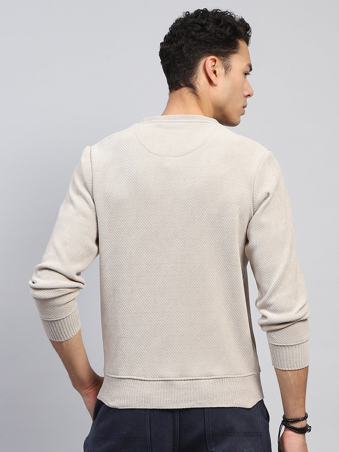 Men Beige Self Design Round Neck Full Sleeve Sweatshirt