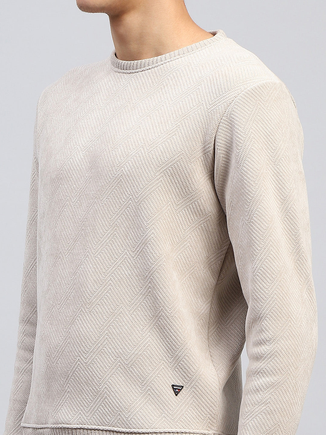 Men Beige Self Design Round Neck Full Sleeve Sweatshirt