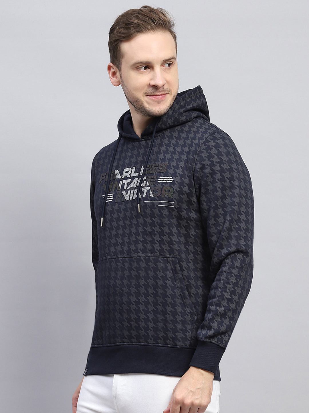 Men Navy Blue Printed Hooded Full Sleeve Sweatshirt