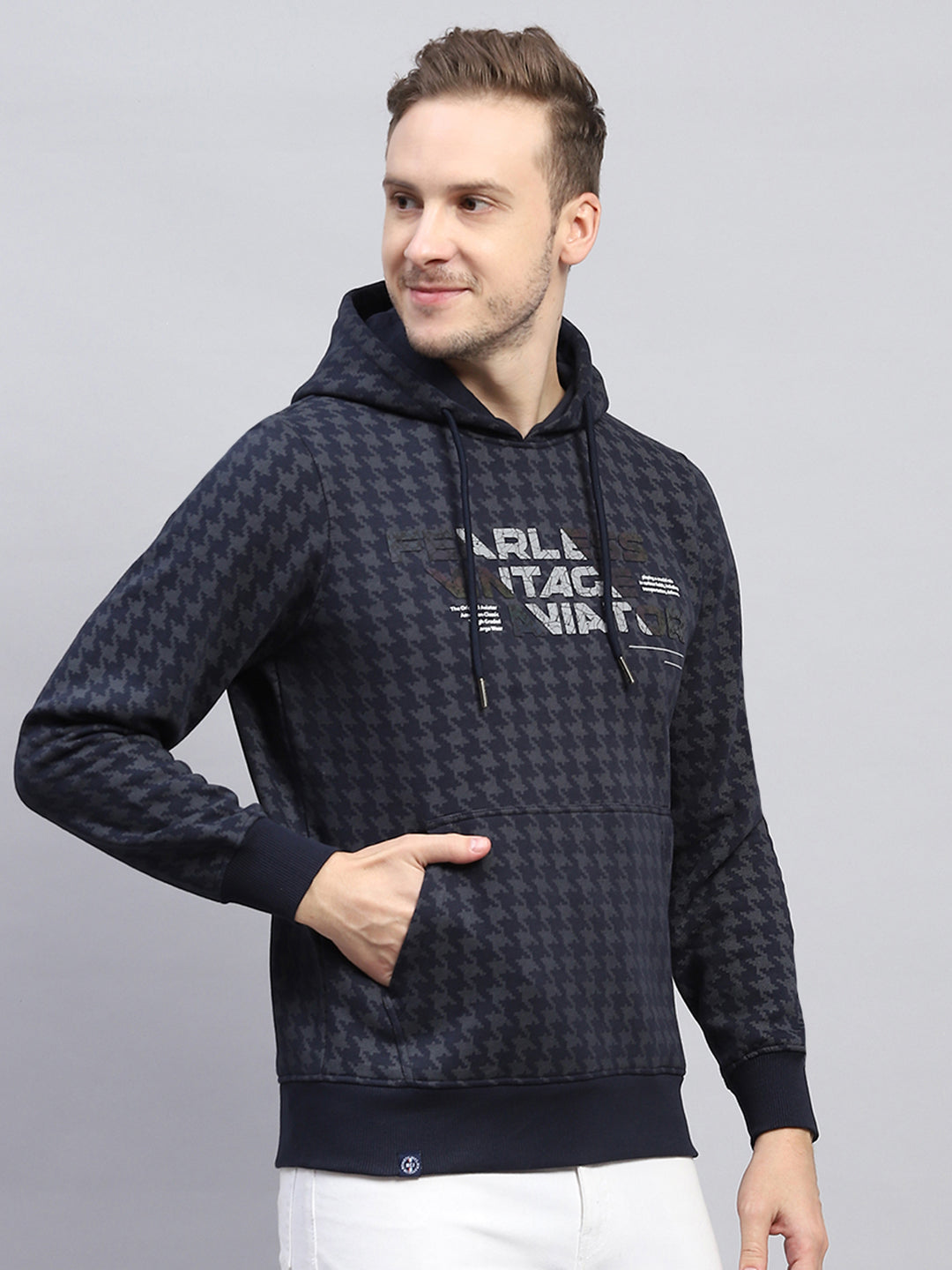 Men Navy Blue Printed Hooded Full Sleeve Sweatshirt