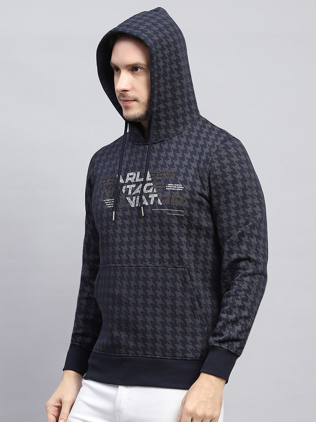 Men Navy Blue Printed Hooded Full Sleeve Sweatshirt